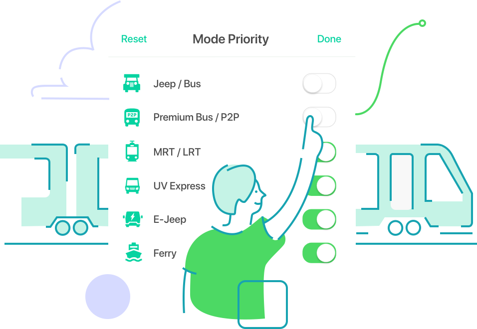 Get directions for P2P, MRT, UV express, Jeepney, Pasig River Ferry